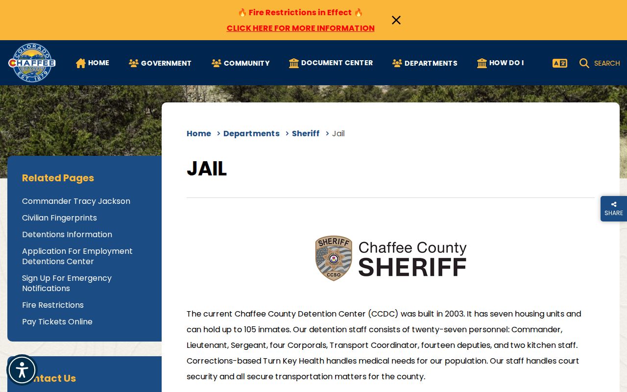 Chaffee County Detention Center official custody and bond record page