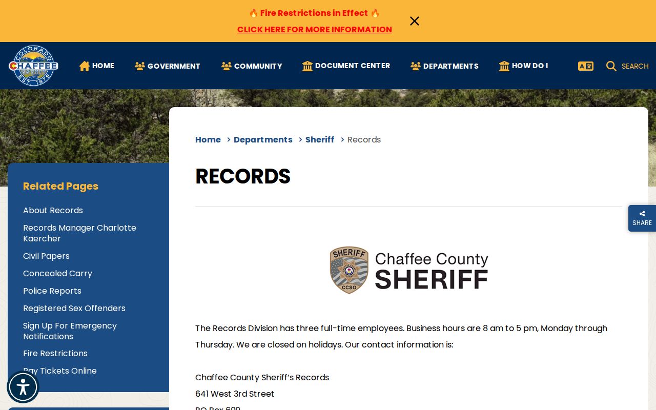 Chaffee County Sheriff Records booking record request information
